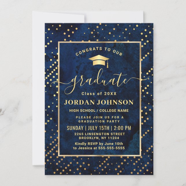 Invitation PHOTO moderne Golden Blue Marble Party de graduati (Devant)