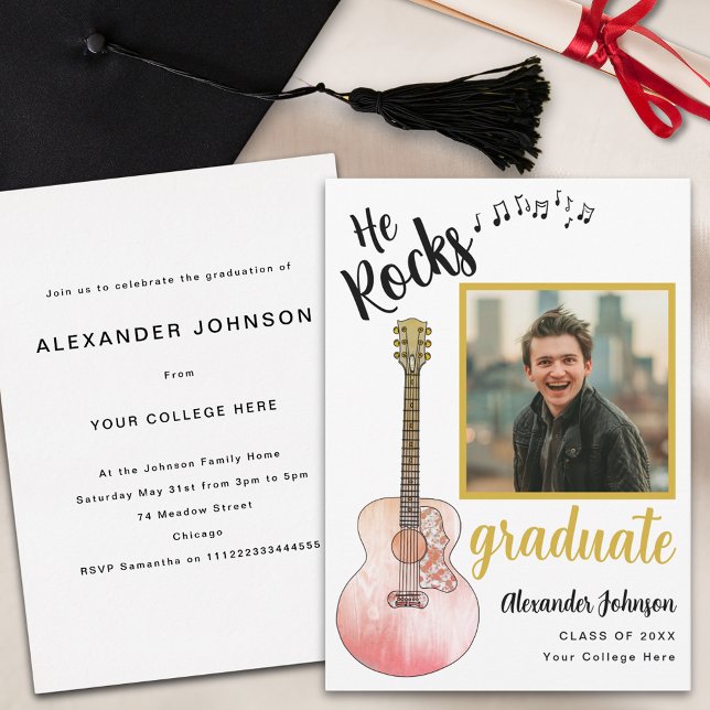 Invitation Photo Moderne Graduate Il Rocks Graduation Party (Cool he rocks rustic guitar country music graduation party invitation with graduate photo template )