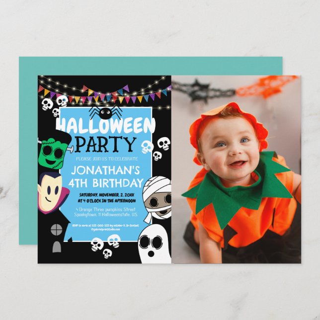 Invitation Photo moderne Halloween Cute Ghouls fête d'anniver (Devant / Derrière)