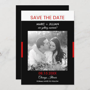 Invitation Photo moderne Mariage noir et rouge Enregistrer la