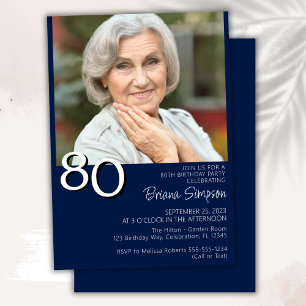 Invitation Photo Moderne Minimaliste 80e Anniversaire Bleu Nu