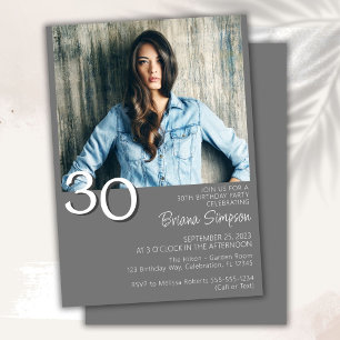 Invitation Photo Moderne Minimaliste Gris 30ème Anniversaire