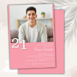 Invitation Photo Moderne minimaliste rose 21e anniversaire<br><div class="desc">Photo moderne minimaliste rose 21e anniversaire invitation pour une fête d'anniversaire amusante. L'âge peut être changé. Cette invitation est simple et élégante, adulte jalon d'anniversaire invitation pour les hommes et les femmes. La couleur rose arrière - plan peut être changée à n'importe quelle couleur de votre choix à l'aide de...</div>