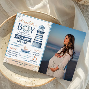 Invitation Photo moderne Nautical Blue Baby Boy Shoy Photo