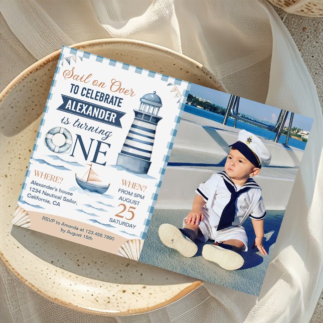 Invitation Photo moderne Nautical Blue Boy 1er anniversaire (Créateur téléchargé)