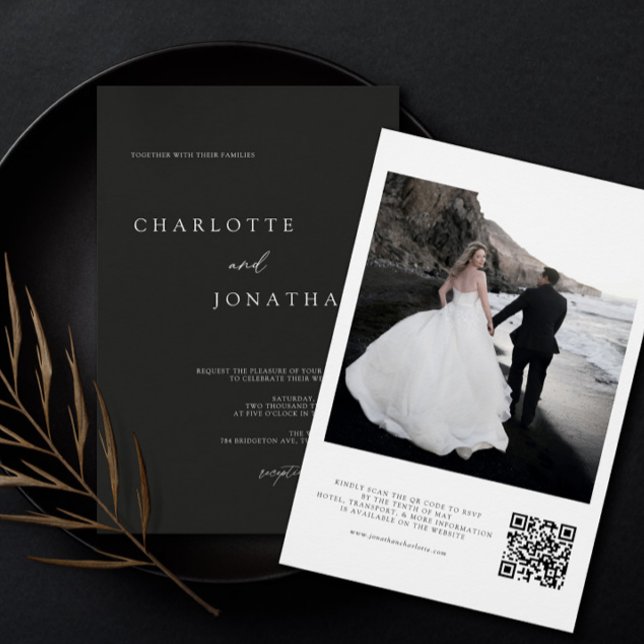 Invitation Photo moderne noir et blanc QR Code Mariage (Créateur téléchargé)