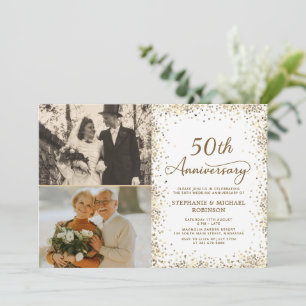 Invitation Photo Moderne Paillettes Dorées 50e Anniversaire d