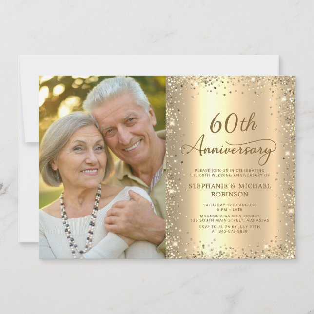 Invitation Photo moderne paillettes dorées 60 ans de mariage (Devant)