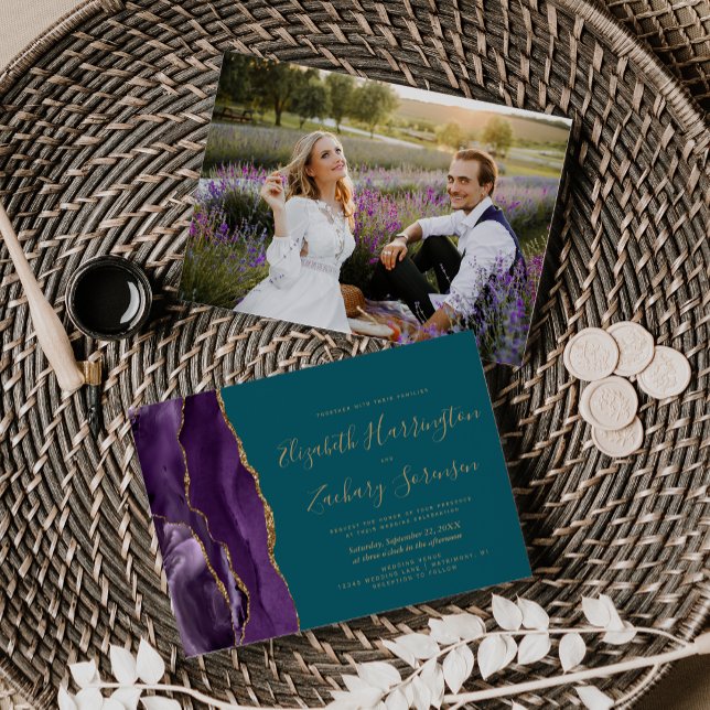Invitation Photo moderne Purple Gold Agate Mariage Turquoise (Créateur téléchargé)