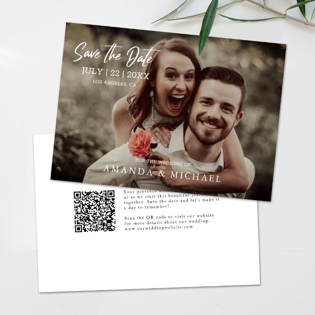 Invitation Photo moderne QR Code Mariage simple Enregistrer l (Save time and reduce wedding planning stress with this QR code Save the Date card.)