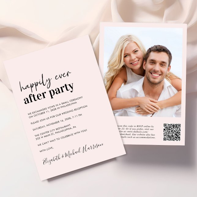 Invitation Photo moderne QR Code Réception de mariage rose (An chic Happily Ever After Party all-in-one invitation for your wedding celebration)
