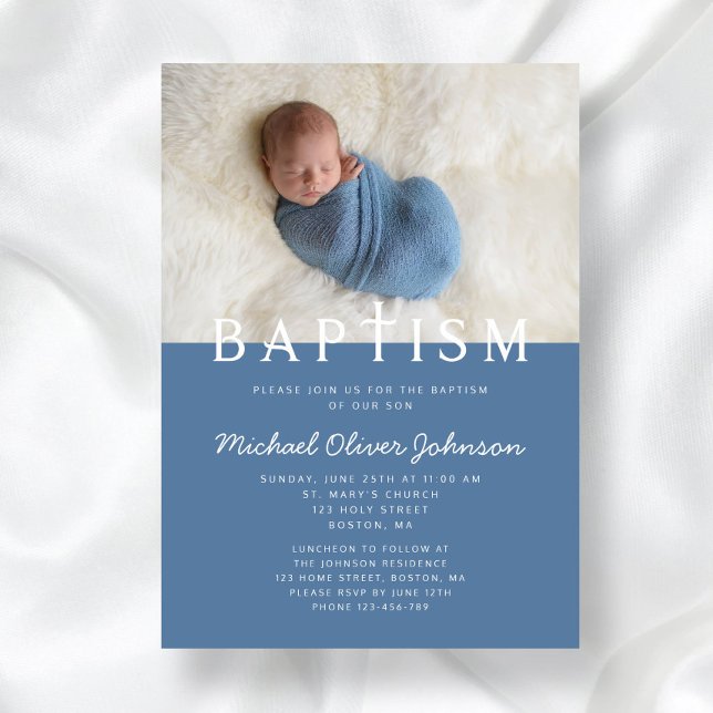 Invitation Photo moderne Religieux Croix Bleu Garçon Baptême (Front Modern Photo Religious Cross Blue Boy Baptism Invitation)