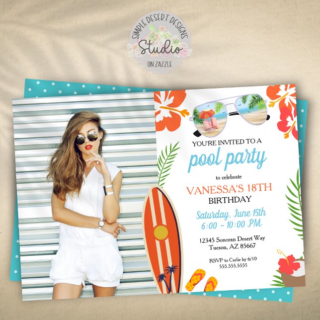 Invitation Photo moderne Retro Piscine tropicale fête Anniver (modern trendy pool party invitation for birthday or graduation celebration)