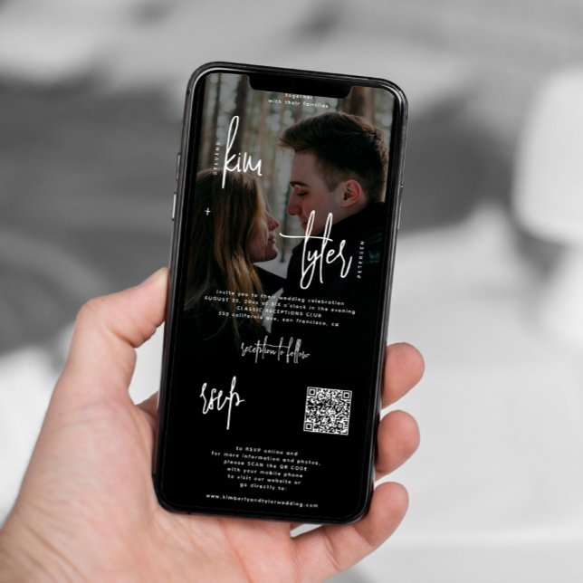 Invitation Photo moderne tout en un code QR rsvp noir mariage (Créateur téléchargé)