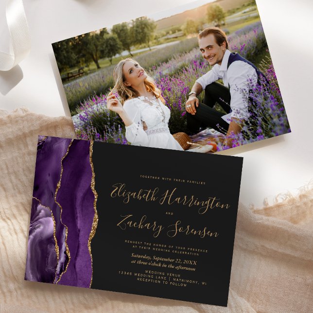 Invitation Photo moderne violet or Agate Mariage foncé (Créateur téléchargé)
