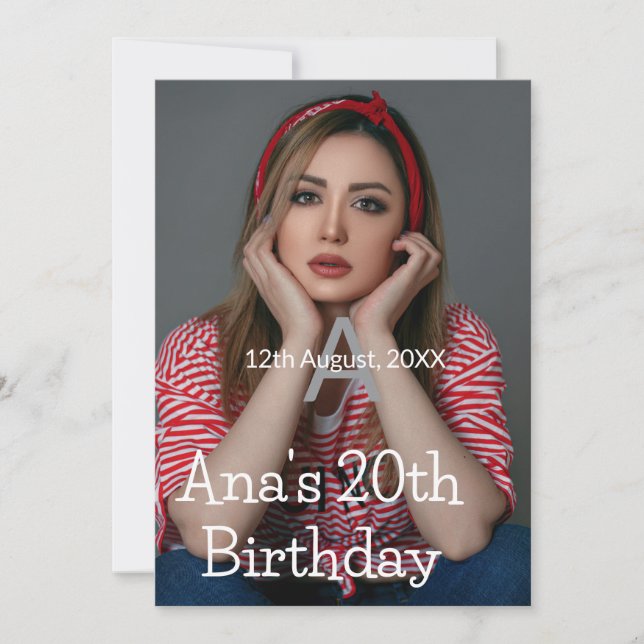 Invitation Photo monogramme heureux 20e anniversaire gris bla (Devant)