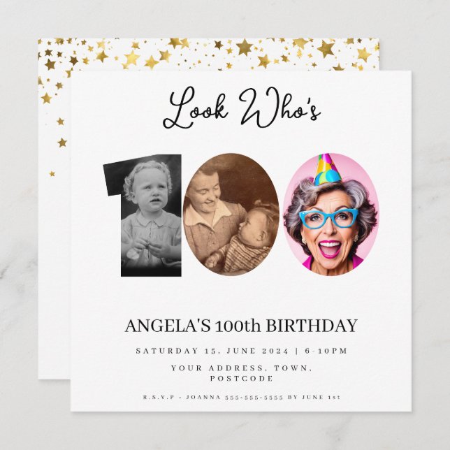 Invitation photo Montage fête d'anniversaire 100 ans (Devant / Derrière)