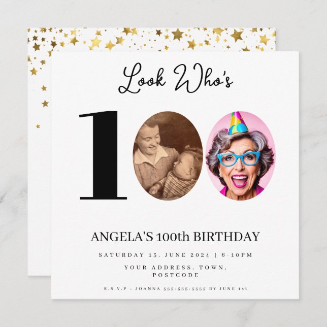 Invitation photo Montage fête d'anniversaire 100 ans (Devant / Derrière)