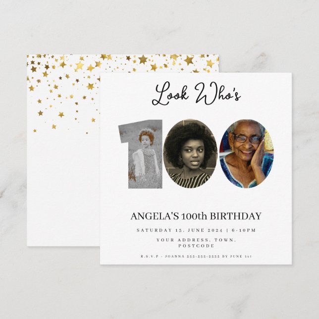 Invitation photo Montage fête d'anniversaire 100 ans (Devant / Derrière)