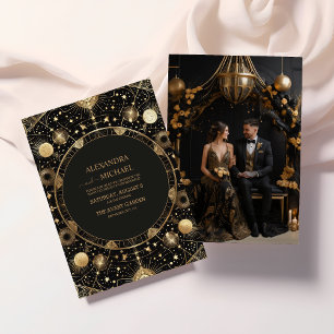Invitation Photo Mystical Black Gold Celestial Galaxy Mariage