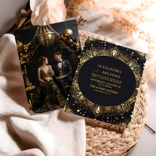 Invitation Photo Mystical Black Gold Celestial Stars Mariage