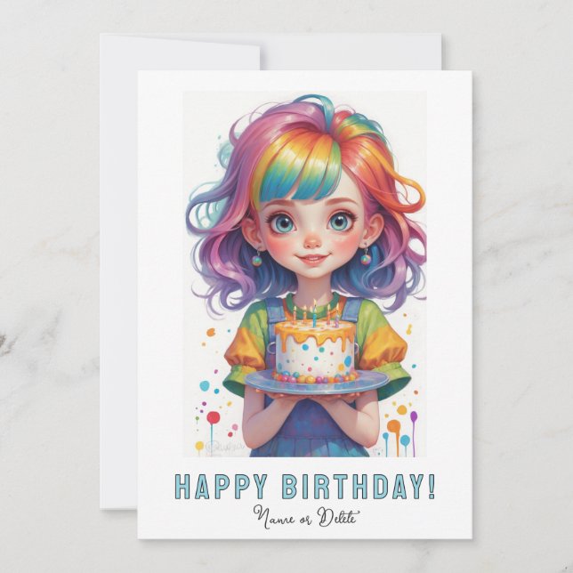 Invitation *PHOTO NAME Birthday Girl Cake Rainbow Red Hair (Devant)
