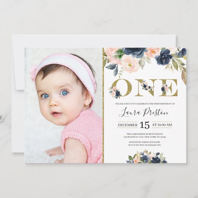 Invitation Photo Navy Blue and Blush Pink Floral 1er Annivers (Devant)
