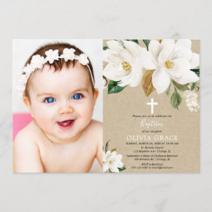 Invitation Photo neutre de baptême de genre floral blanc de