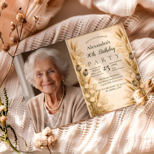 Invitation Photo Neutre Vintage Botanique Blé 90e Anniversair