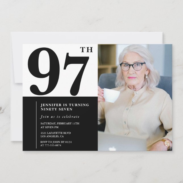 Invitation Photo Noir Blanc 97e Anniversaire (Devant)