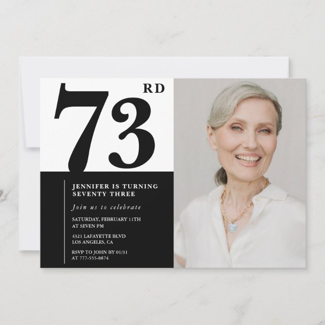 Invitation Photo Noir Blanc Chic 73e Anniversaire (Devant)