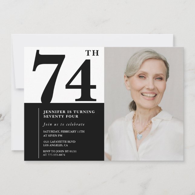 Invitation Photo Noir Blanc Chic 74e Anniversaire (Devant)