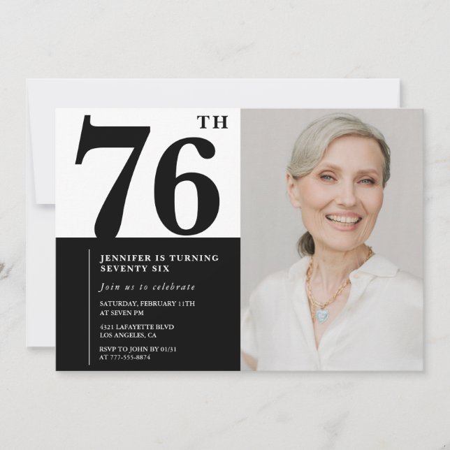 Invitation Photo Noir Blanc Chic 76e Anniversaire (Devant)
