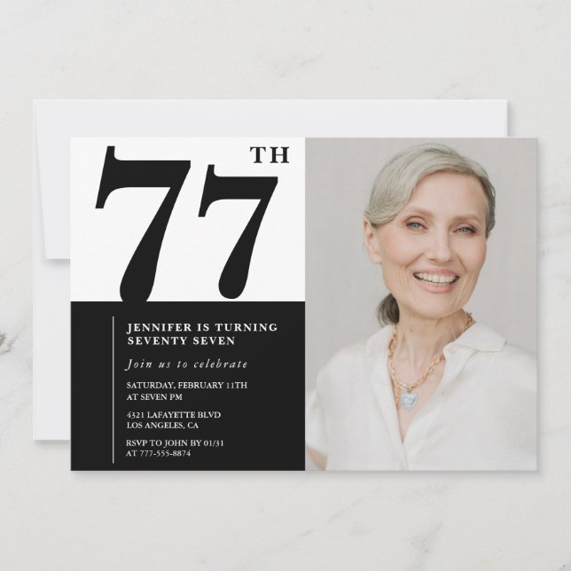 Invitation Photo Noir Blanc Chic 77e Anniversaire (Devant)
