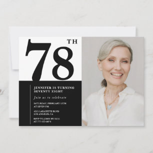 Invitation Photo Noir Blanc Chic 78ème Anniversaire