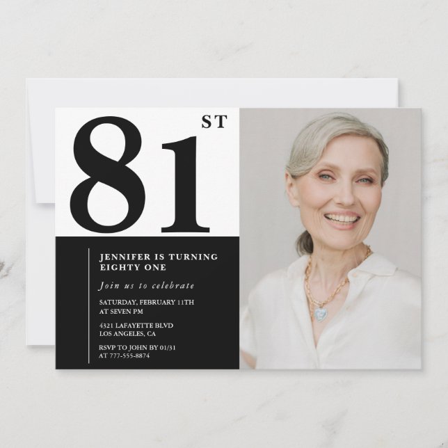 Invitation Photo Noir Blanc Chic 81e Anniversaire (Devant)