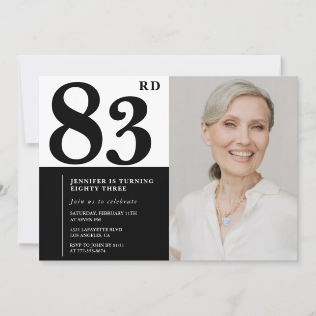 Invitation Photo Noir Blanc Chic 83e Anniversaire (Devant)