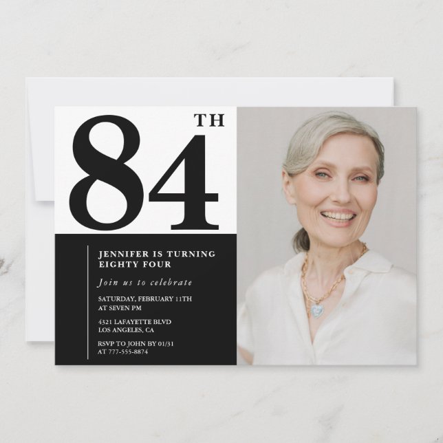 Invitation Photo Noir Blanc Chic 84e Anniversaire (Devant)