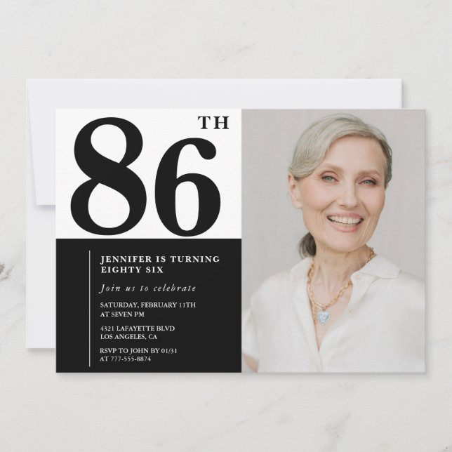 Invitation Photo Noir Blanc Chic 86e Anniversaire (Devant)