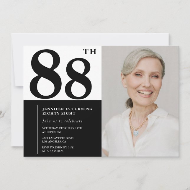 Invitation Photo Noir Blanc Chic 88e Anniversaire (Devant)