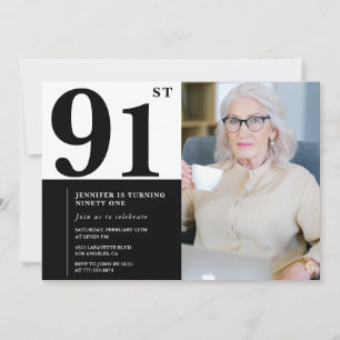 Invitation Photo Noir Blanc Chic 91e Anniversaire