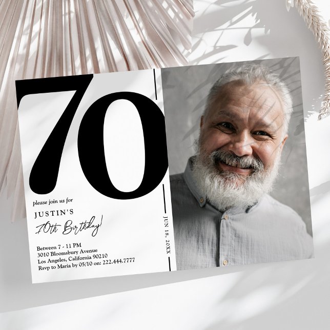Invitation Photo Noir Blanc Fête des 70 ans (Créateur téléchargé)