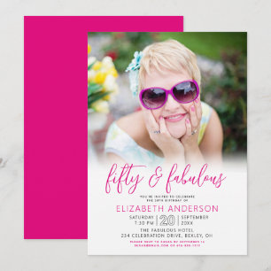 Invitation Photo Noir Blanc Rose 50 Anniversaire Moderne Fabu