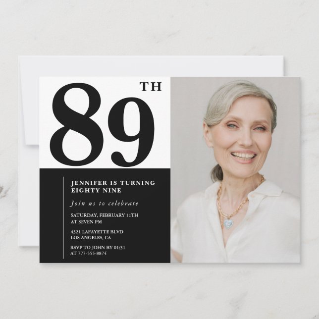Invitation Photo noir et blanc chic 89e anniversaire (Devant)