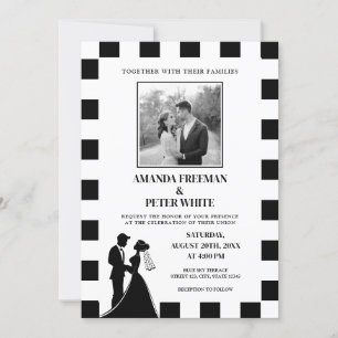 Invitation Photo noir et blanc chic À damiers Mariage couple