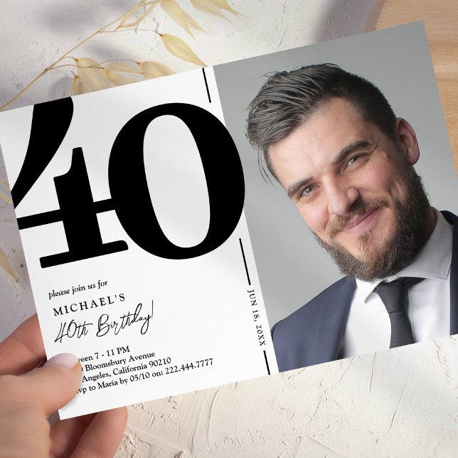 Invitation Photo noir et blanc de la fête du 40e anniversaire (Créateur téléchargé)