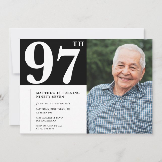 Invitation Photo noir et blanc Hommes 97e anniversaire Invita (Devant)