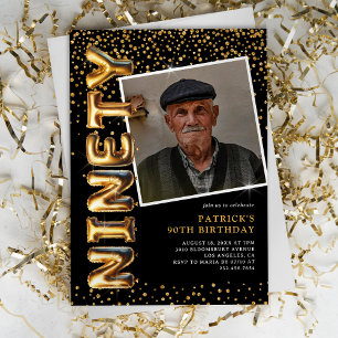 Invitation Photo noir et or pour 90e anniversaire de naissanc