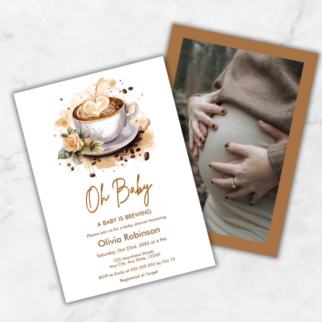 Invitation Photo Oh Bébé Un Bébé est en Train de Préparer du  (Photo Oh Baby A Baby is Brewing Coffee Baby Shower Invitation )