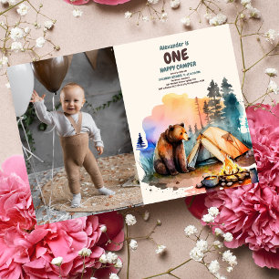 Invitation Photo One Happy Camper Wood Boys 1er anniversaire